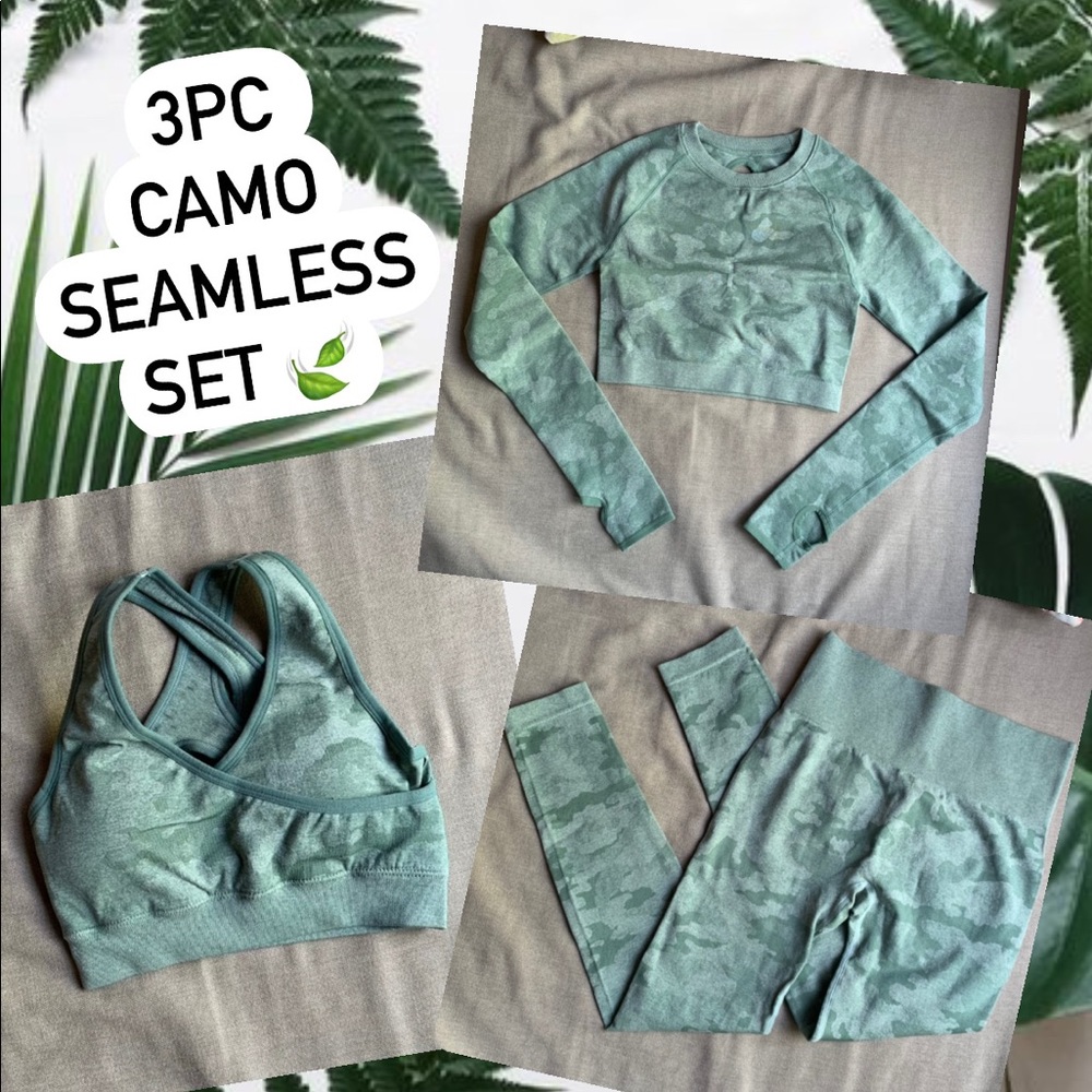 3Pc Camo Green Seamless set (Leggings, Bra, Long Sleeve Crop Top)